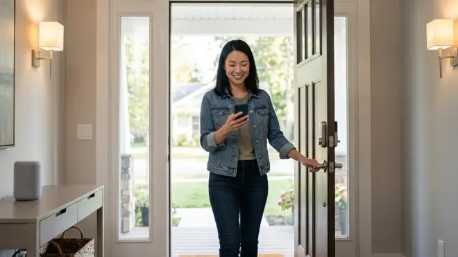 A smiling woman, the author, arrives home, unlocking her door and checking her smartphone with a smart lock and speaker in vi