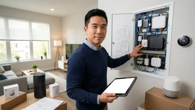 The man from the reference image, in a navy sweater, stands in a living room holding a tablet and gesturing to a wall panel o