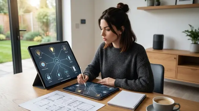 A woman maps smart home interoperability requirements on a tablet in a home office.