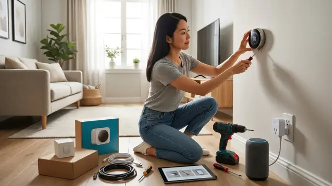 The woman from the image, dressed in casual attire, installs a smart thermostat in a living room setting.