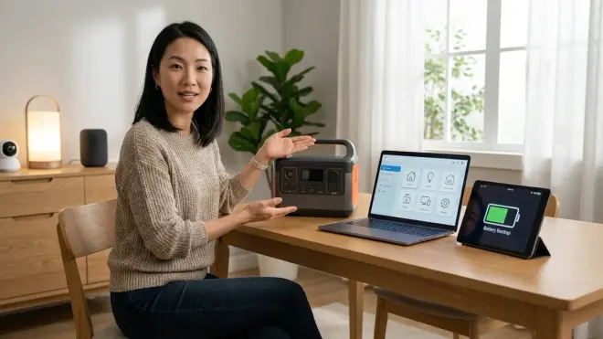 A woman in a knit sweater and jeans sits at a table, gesturing to a portable power station and a laptop showing a smart home 