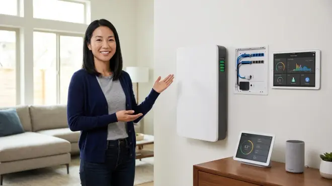 A woman in a cardigan points to a wall-mounted smart home backup battery in a living room.