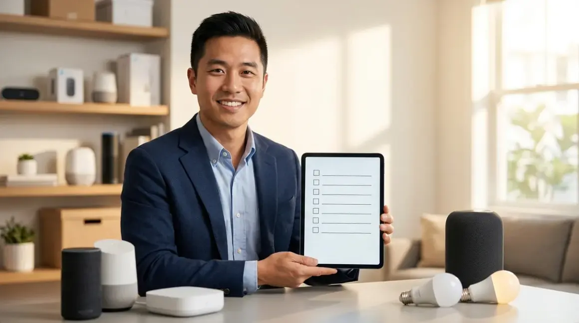 A man in a blazer smiles, holding a tablet with a checklist in a modern living room with various smart home devices.
