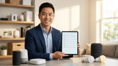 A man in a blazer smiles, holding a tablet with a checklist in a modern living room with various smart home devices.
