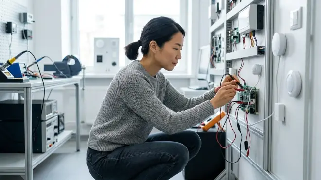 A woman, matching the reference's likeness, wears a grey sweater and dark jeans while testing a wall-mounted circuit board wi
