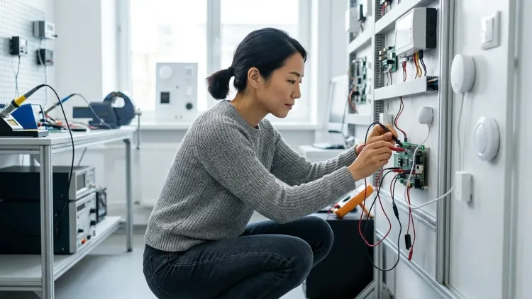 A woman, matching the reference's likeness, wears a grey sweater and dark jeans while testing a wall-mounted circuit board wi