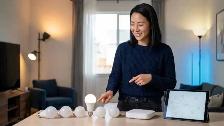 The woman from the reference image points to a smart bulb and a hub on a table, demonstrating their ecosystem with a tablet i