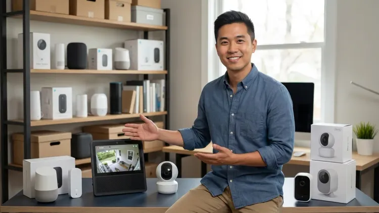 The man from the article in a home office, presenting smart home security cameras and a display screen.
