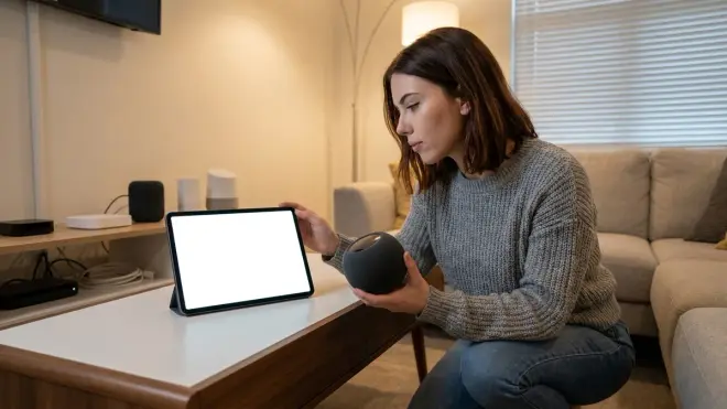 The woman from the reference image in a grey sweater kneels in a living room, holding a dark smart speaker and a tablet with