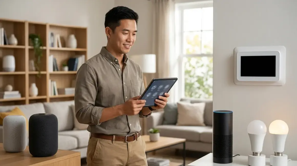 A man smiles while using a tablet to control smart home devices like speakers, lights, and a thermostat in a living room.