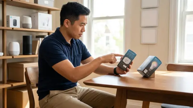 A man in a navy polo shirt checks the packaging of a smart plug at a table in a well-lit room filled with smart home devices.